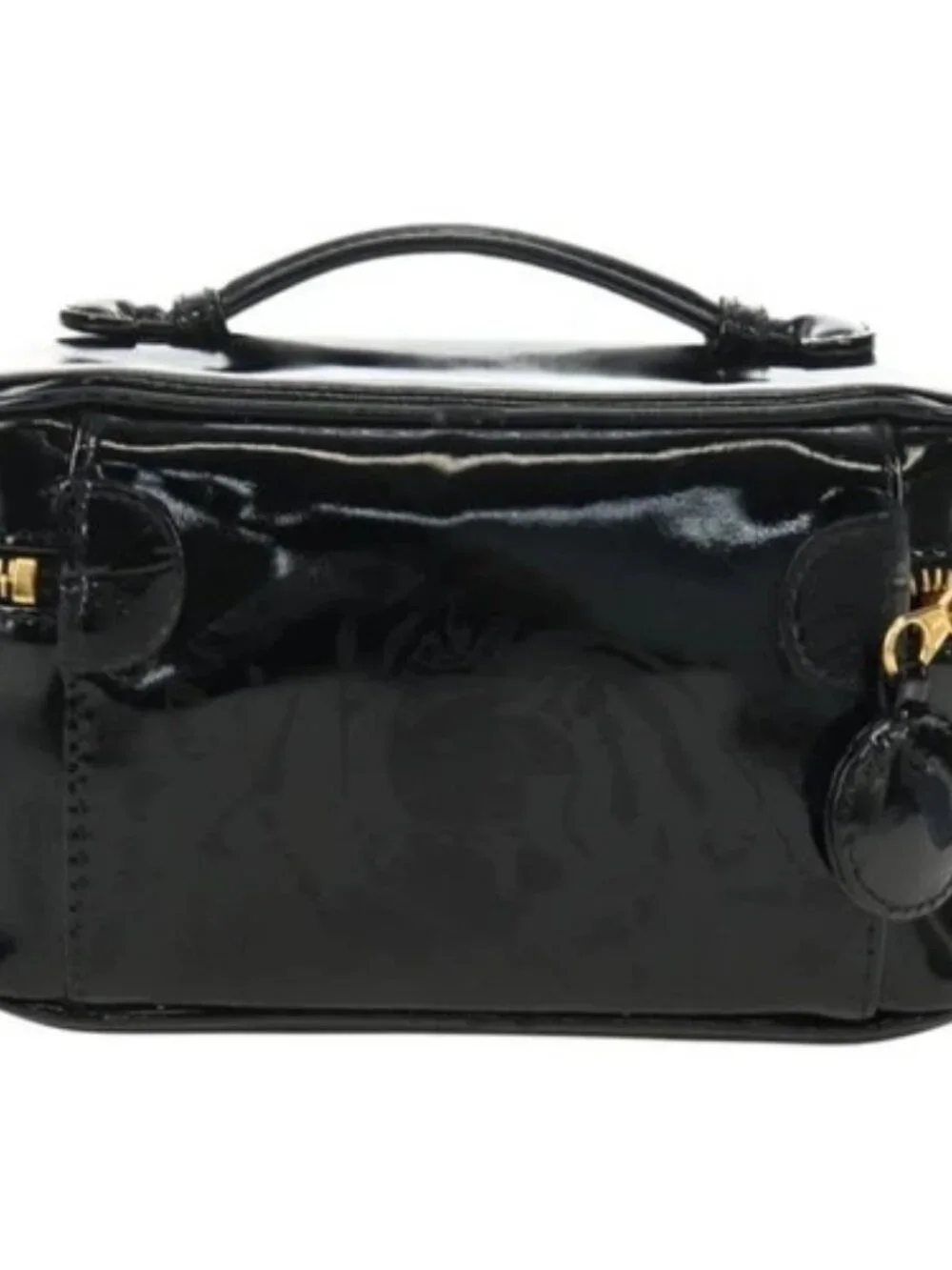CHANEL Vanity Pouch Patent leather Black Gold CC Auth 136084